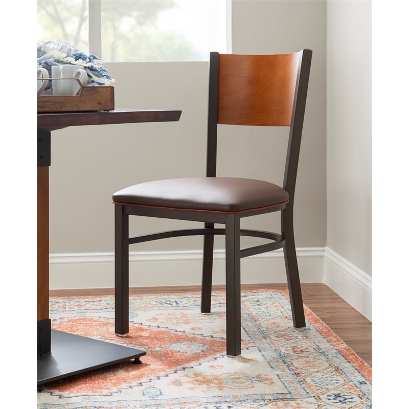 Linon Hoda Set of 2 Side Chairs Brown Faux Leather Seats with Brown Steel Frame
