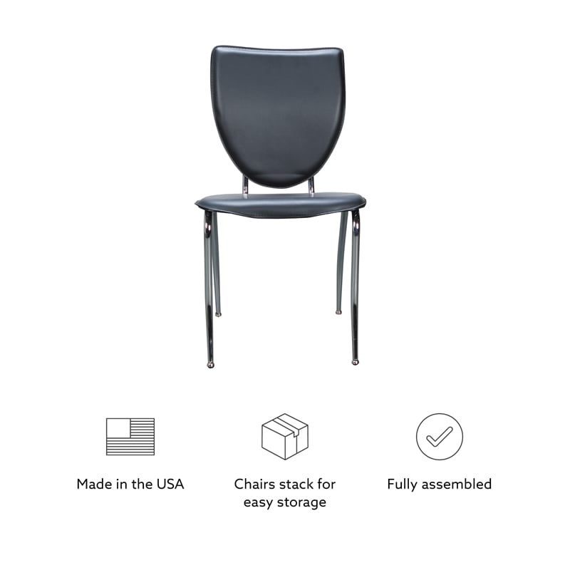 Linon Faris Set of 2 Steel Framed Stacking Side Chairs in Black Faux Leather
