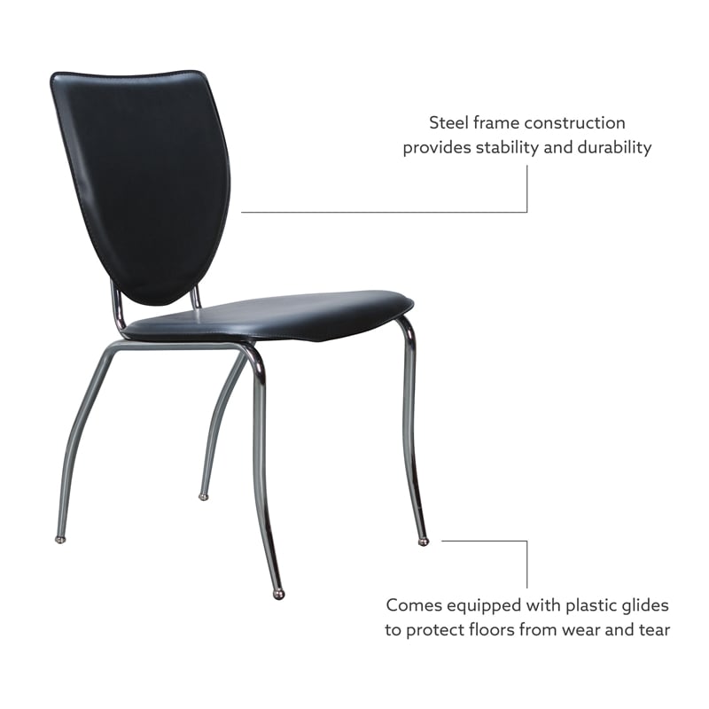 Linon Faris Set of 2 Steel Framed Stacking Side Chairs in Black Faux Leather