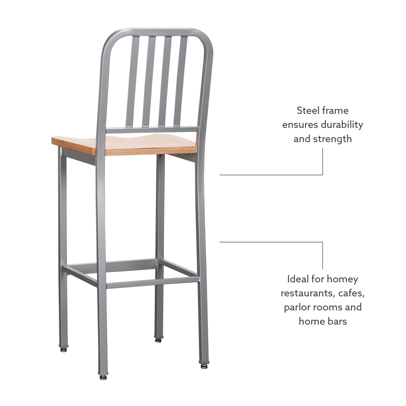 Linon Badden Commercial Grade Wood Seat Steel Frame Barstools Set of 2 in Silver