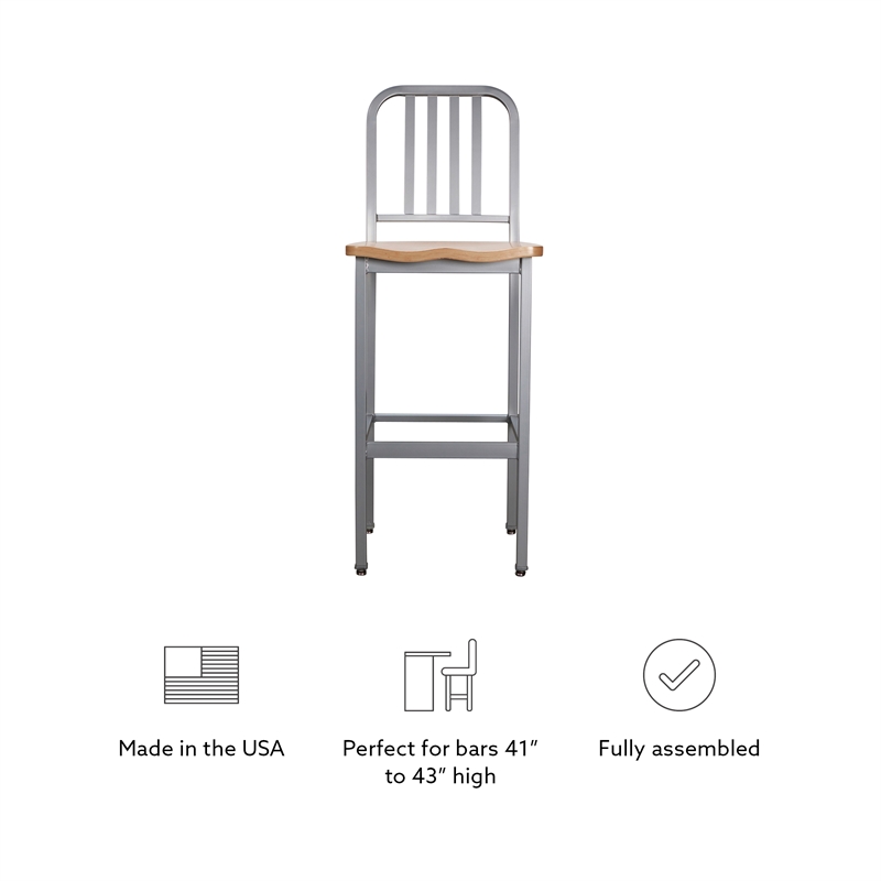 Linon Badden Commercial Grade Wood Seat Steel Frame Barstools Set of 2 in Silver