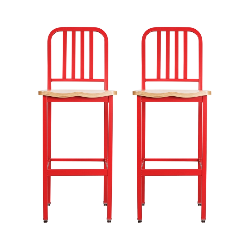 Linon Badden Commercial Grade Wood Seat Steel Frame Barstools Set of Two in Red