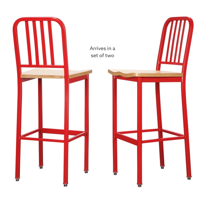 Linon Badden Commercial Grade Wood Seat Steel Frame Barstools Set of Two in Red