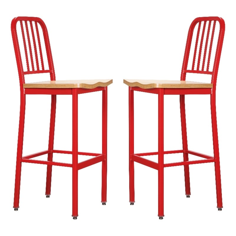 Linon Badden Commercial Grade Wood Seat Steel Frame Barstools Set of Two in Red