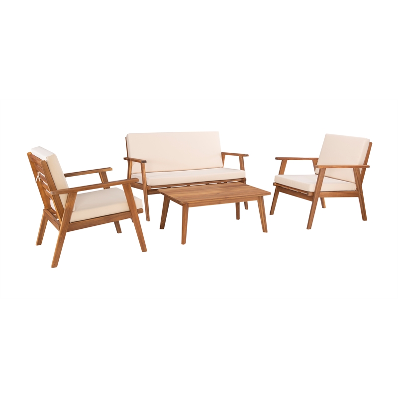 Linon Cooper Outdoor 4 Piece Wood Chat Set with Beige Cushions in Natural Finish