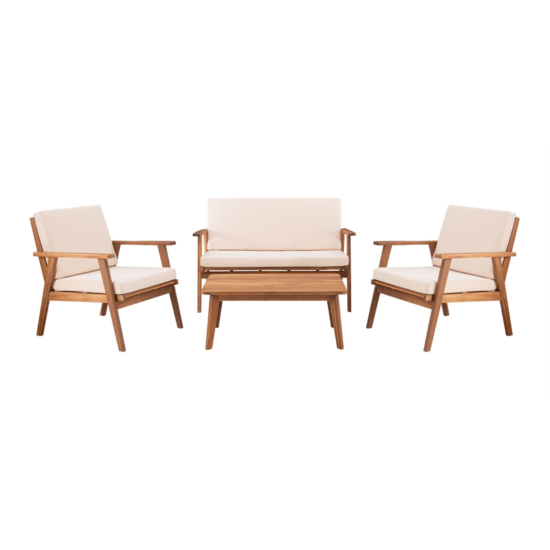 Linon Cooper Outdoor 4 Piece Wood Chat Set with Beige Cushions in Natural Finish
