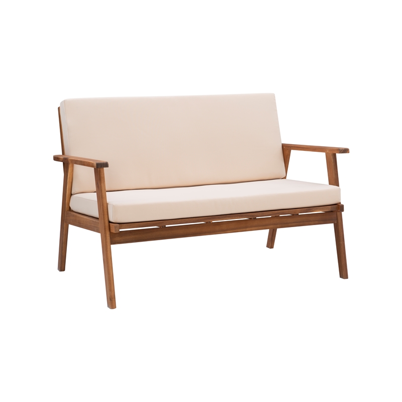 Linon Cooper Outdoor 4 Piece Wood Chat Set with Beige Cushions in Natural Finish