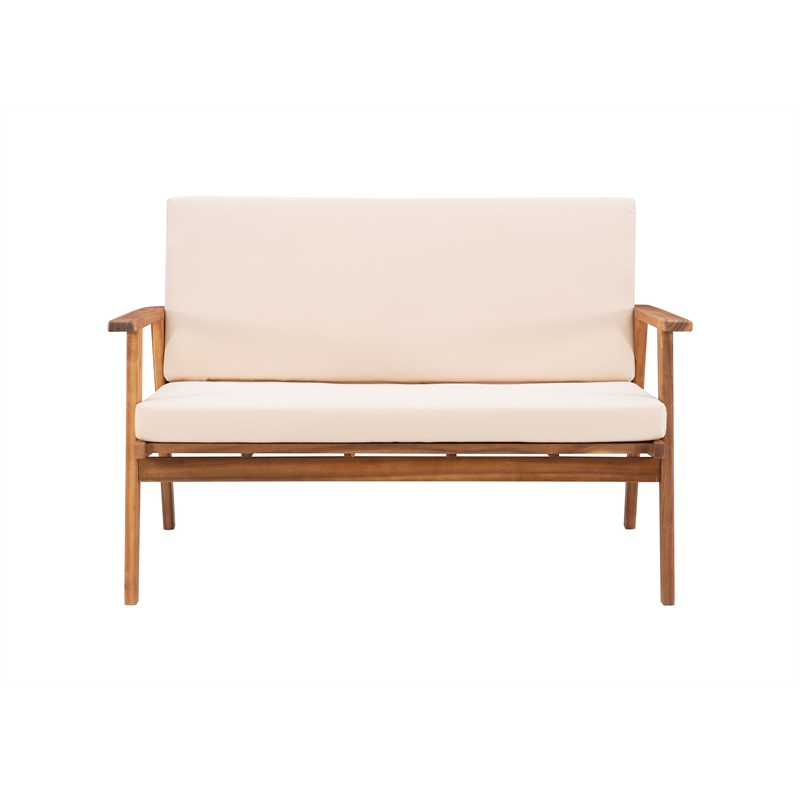 Linon Cooper Outdoor 4 Piece Wood Chat Set with Beige Cushions in Natural Finish