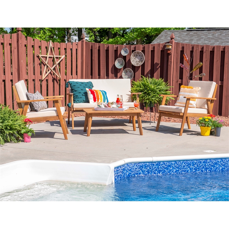 Linon Cooper Outdoor 4 Piece Wood Chat Set with Beige Cushions in Natural Finish