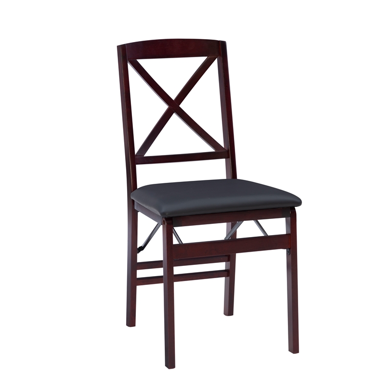 Linon Triena X-Back Set of 2 Folding Chairs Faux Leather Seat in Merlot Wood
