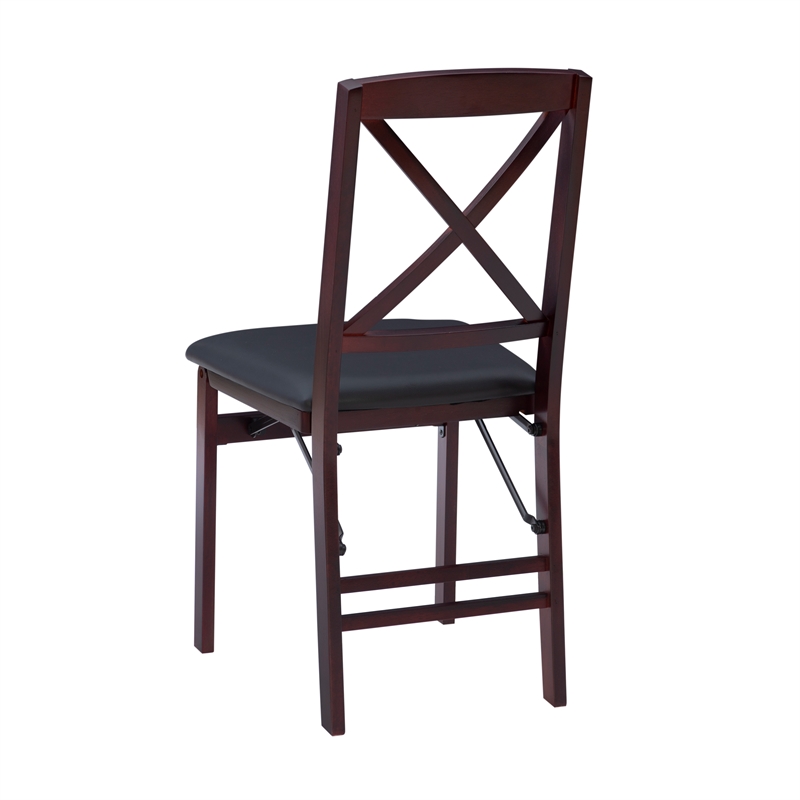 Linon Triena X-Back Set of 2 Folding Chairs Faux Leather Seat in Merlot Wood