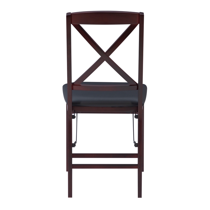 Linon Triena X-Back Set of 2 Folding Chairs Faux Leather Seat in Merlot Wood