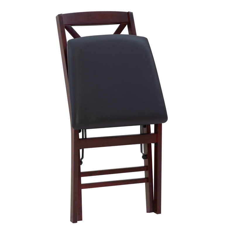 Linon Triena X-Back Set of 2 Folding Chairs Faux Leather Seat in Merlot Wood