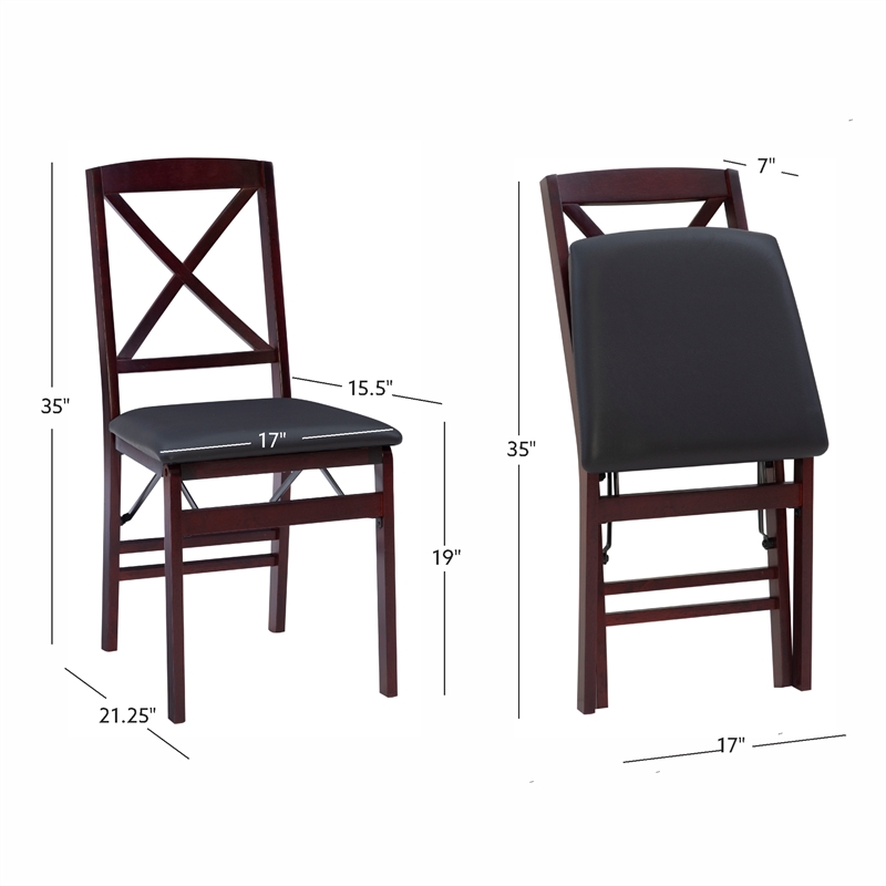 Linon Triena X-Back Set of 2 Folding Chairs Faux Leather Seat in Merlot Wood