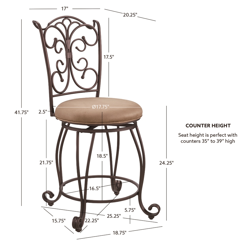 Linon Gathered Swivel Counter Stool Faux Leather Padded Seat in Bronze Metal