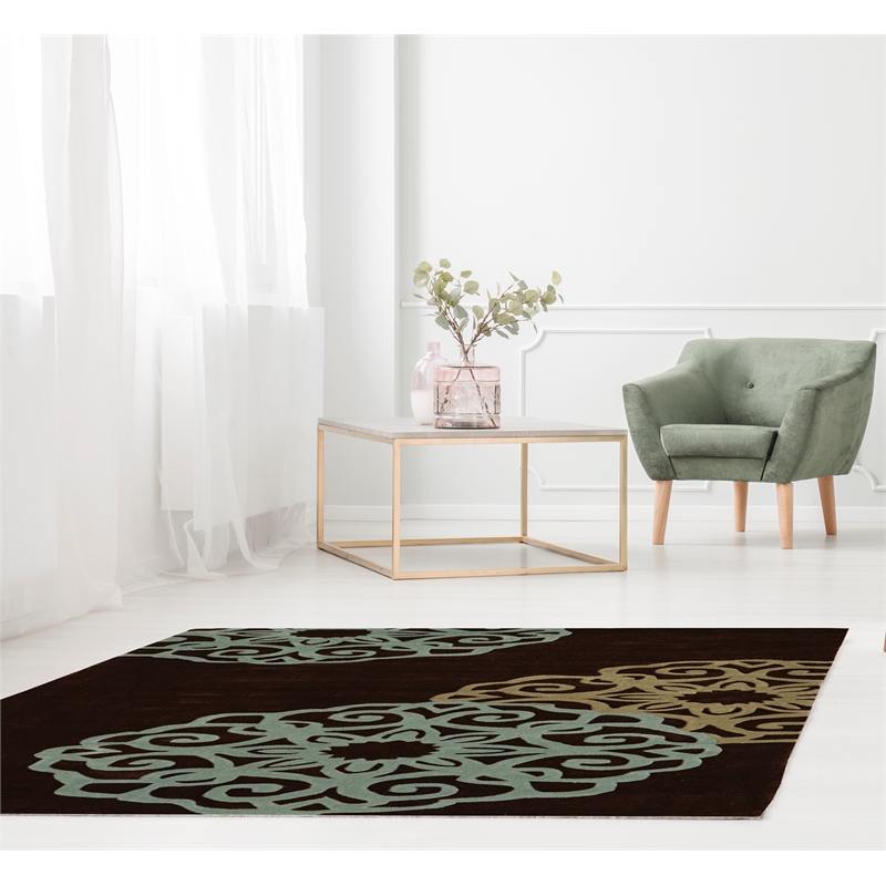 Linon Trio Medallion Hand Tufted Polyester 5'x7' Rug in Chocolate Brown