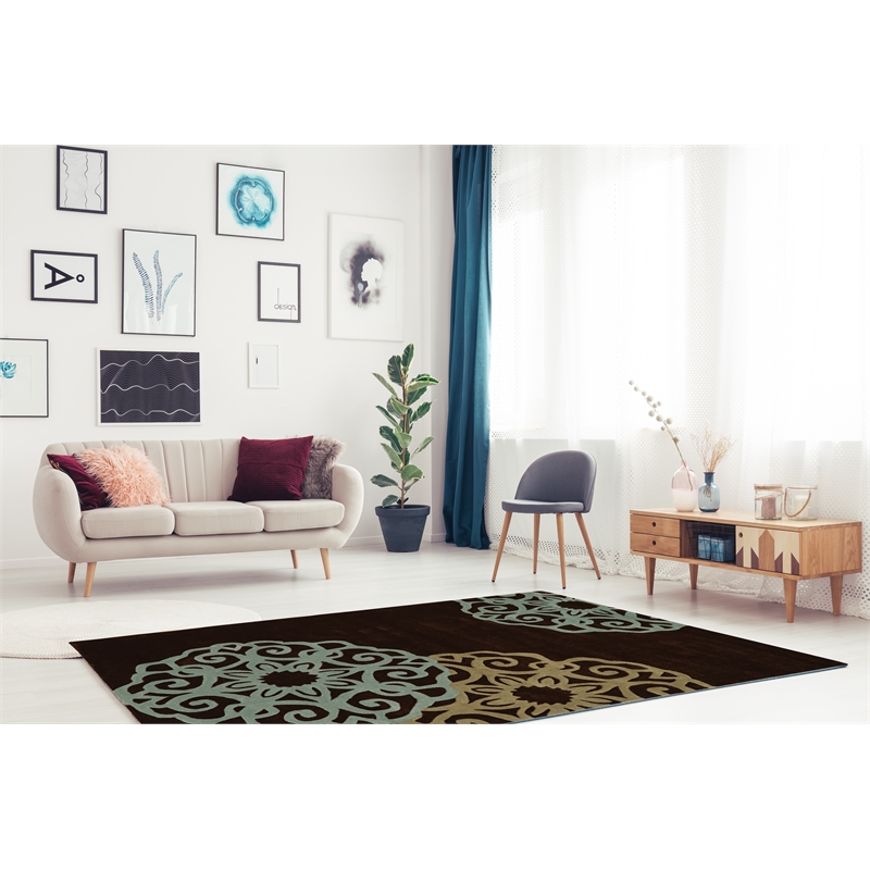 Linon Trio Medallion Hand Tufted Polyester 8'x10' Rug in Chocolate Brown