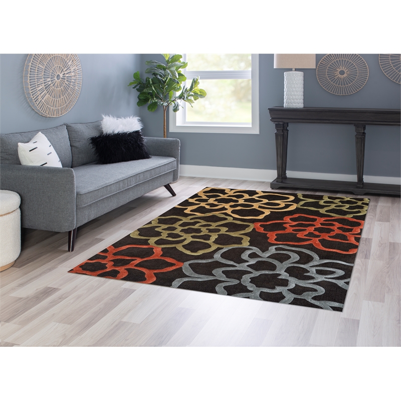 Linon Trio Open Flowers Hand Tufted Polyester 5'x7' Rug in Chocolate Brown