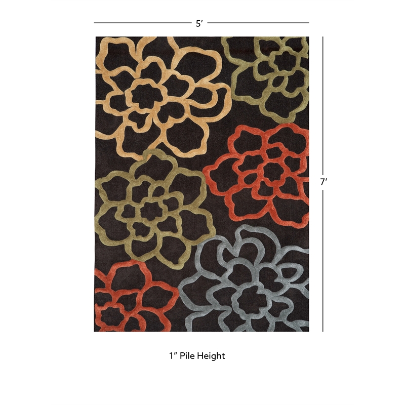 Linon Trio Open Flowers Hand Tufted Polyester 5'x7' Rug in Chocolate Brown