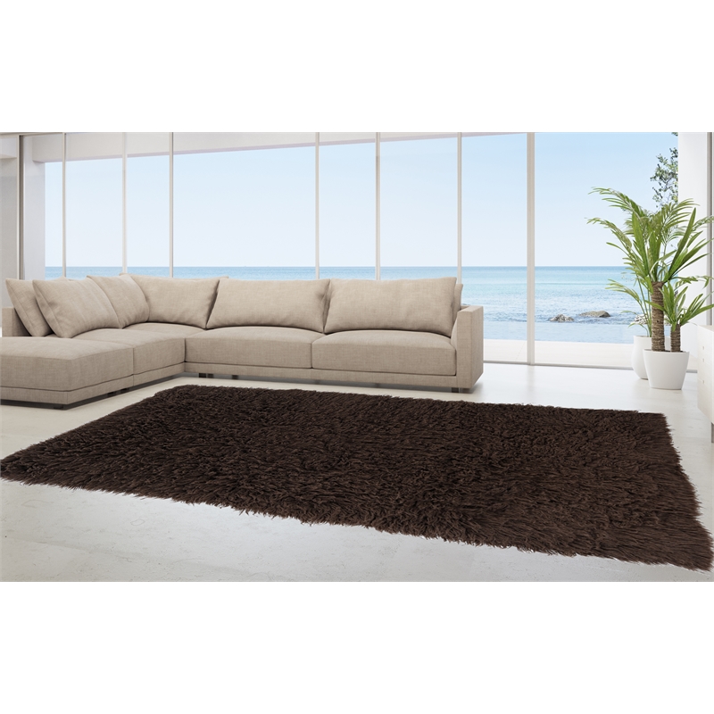 Linon 3A Flokati Hand Woven Wool 9'x12' Rug in Cocoa Brown