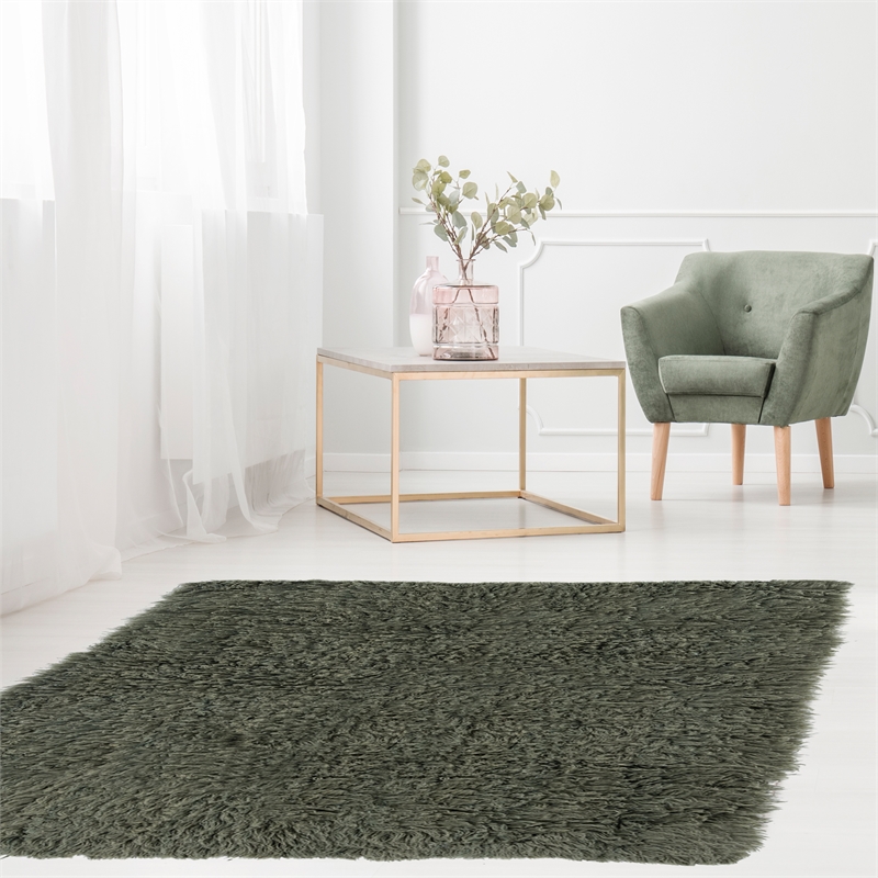 Linon New Flokati Hand Woven Wool 5'x8' Rug in Olive Green
