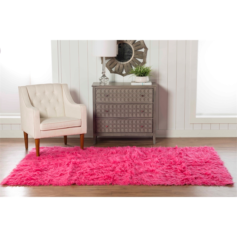 Linon New Flokati 1400grams Hand Woven Wool 5'x8' Rug in Pink