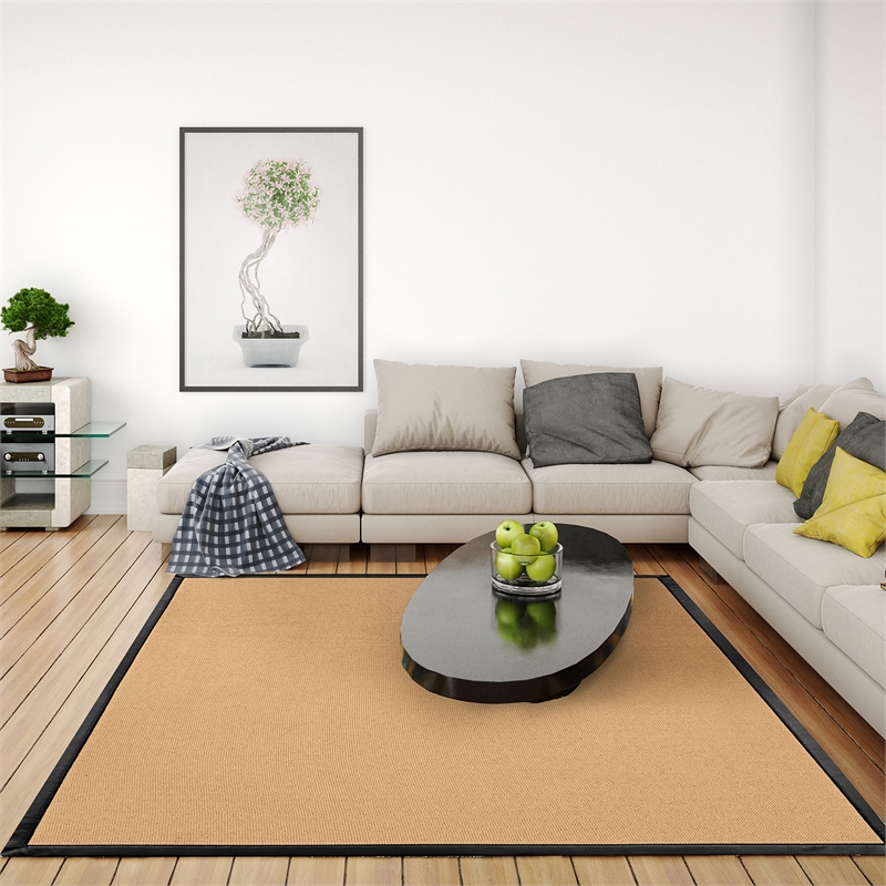 Linon Empire Machine Tufted Wool 8'x11' Rug in Sisal and Black Leather