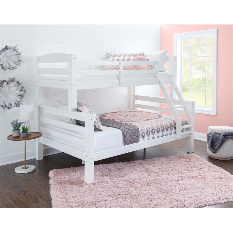 Linon Levi Solid Pine Wood Twin over Full Bunk Bed in Sleek White Finish