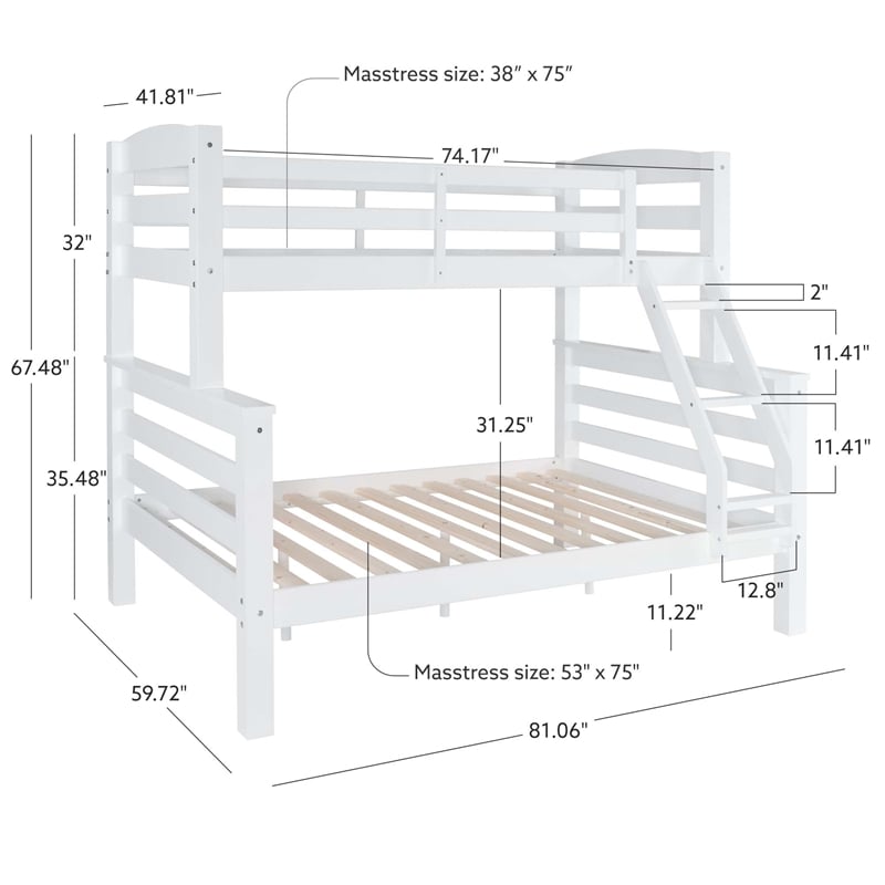 Linon Levi Solid Pine Wood Twin over Full Bunk Bed in Sleek White Finish