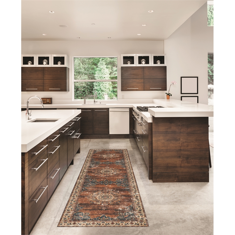 Linon Washable Foley Polyester 2'x8' Rug in Brown