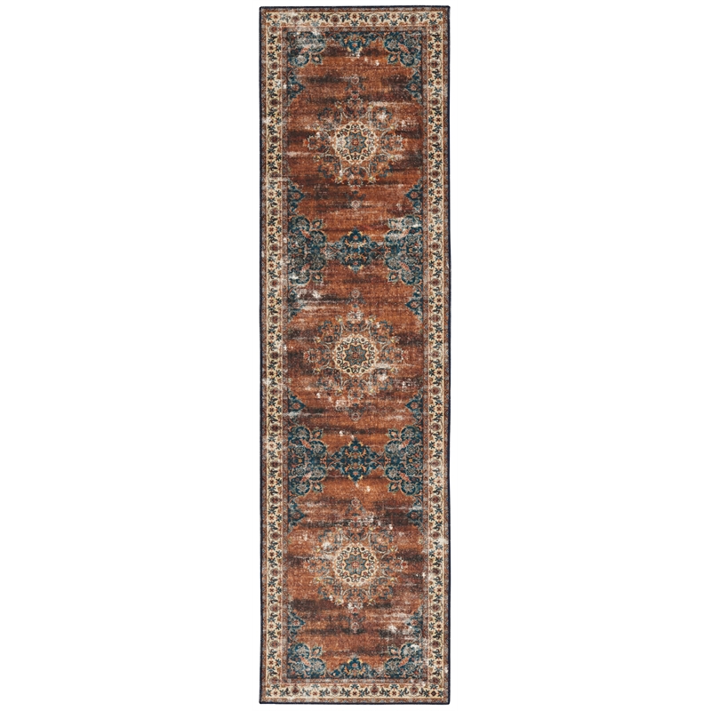 Linon Washable Foley Polyester 2'x8' Rug in Brown