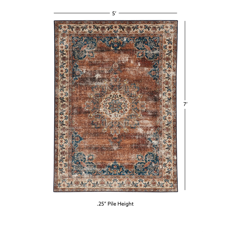 Linon Washable Foley Polyester 5'x7' Rug in Brown