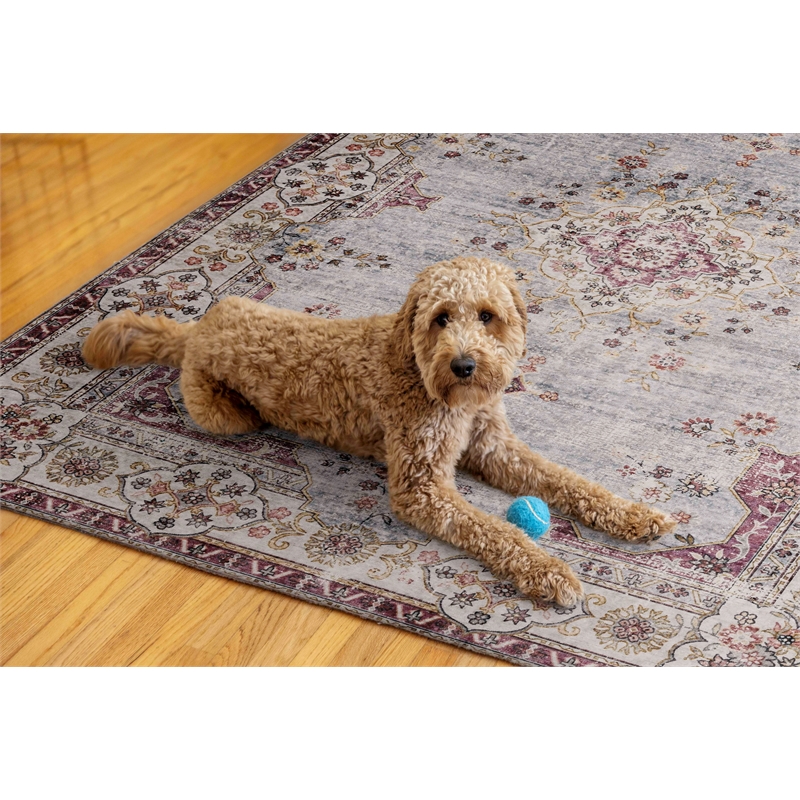 Linon Washable Leo Polyester 5'x7' Rug in Blue