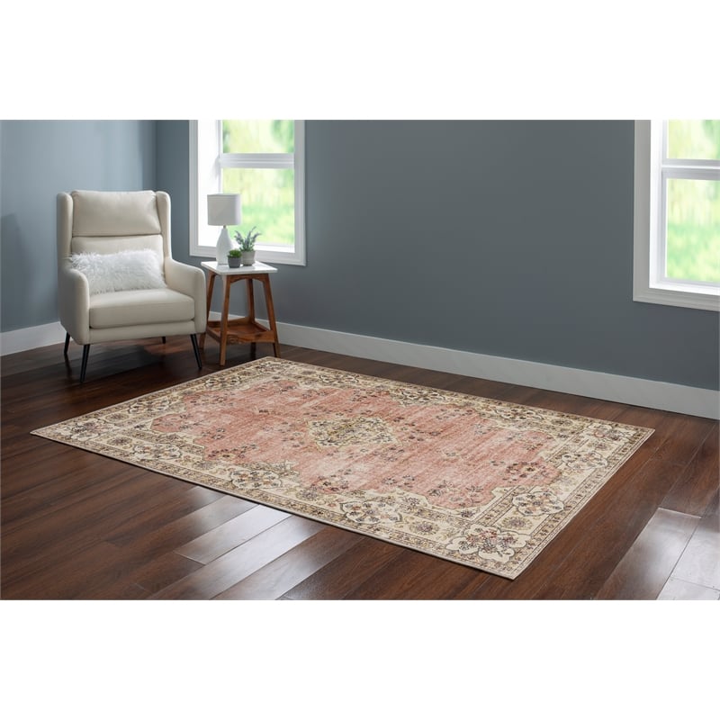Linon Washable Blanche Polyester 5'x7' Rug in Pink