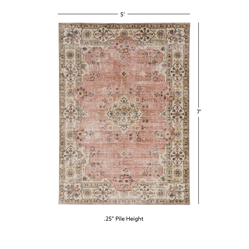 Linon Washable Blanche Polyester 5'x7' Rug in Pink