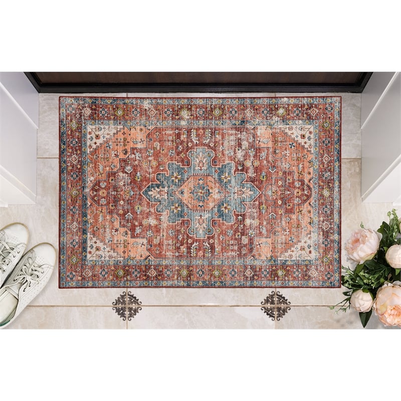 Linon Washable Cason Polyester 2'x3' Rug in Rust Orange