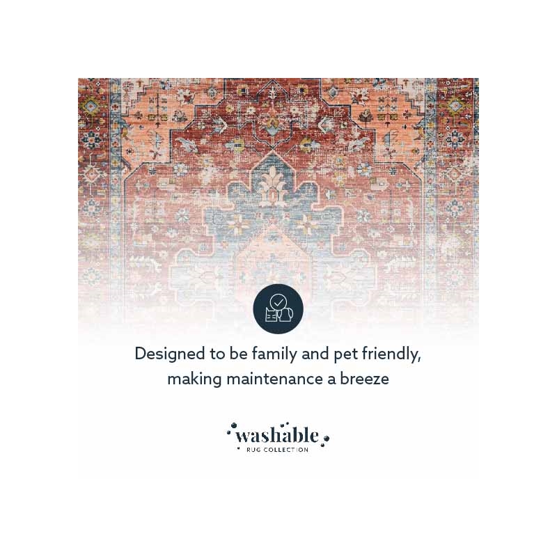 Linon Washable Cason Polyester 2'x8' Rug in Rust Orange