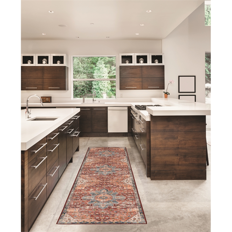Linon Washable Cason Polyester 2'x8' Rug in Rust Orange