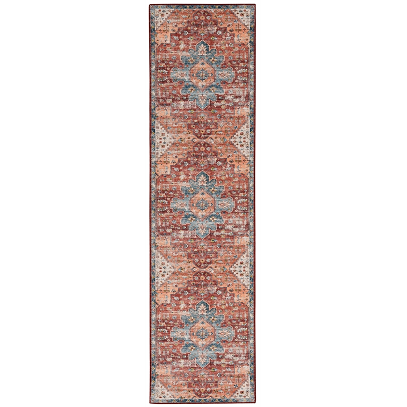 Linon Washable Cason Polyester 2'x8' Rug in Rust Orange