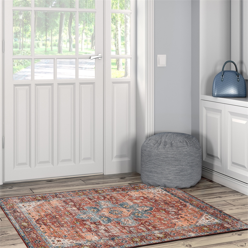 Linon Washable Cason Polyester 3'x5' Rug in Rust Orange