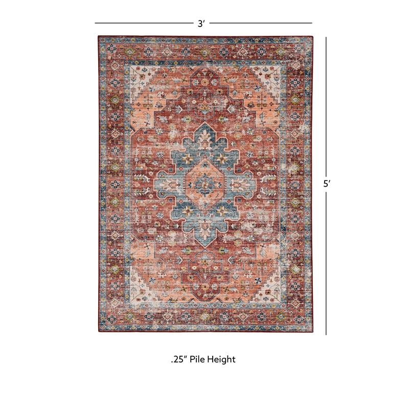 Linon Washable Cason Polyester 3'x5' Rug in Rust Orange