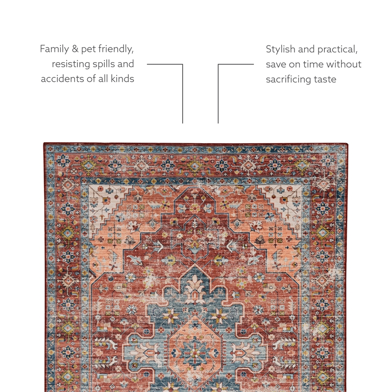 Linon Washable Cason Polyester 3'x5' Rug in Rust Orange