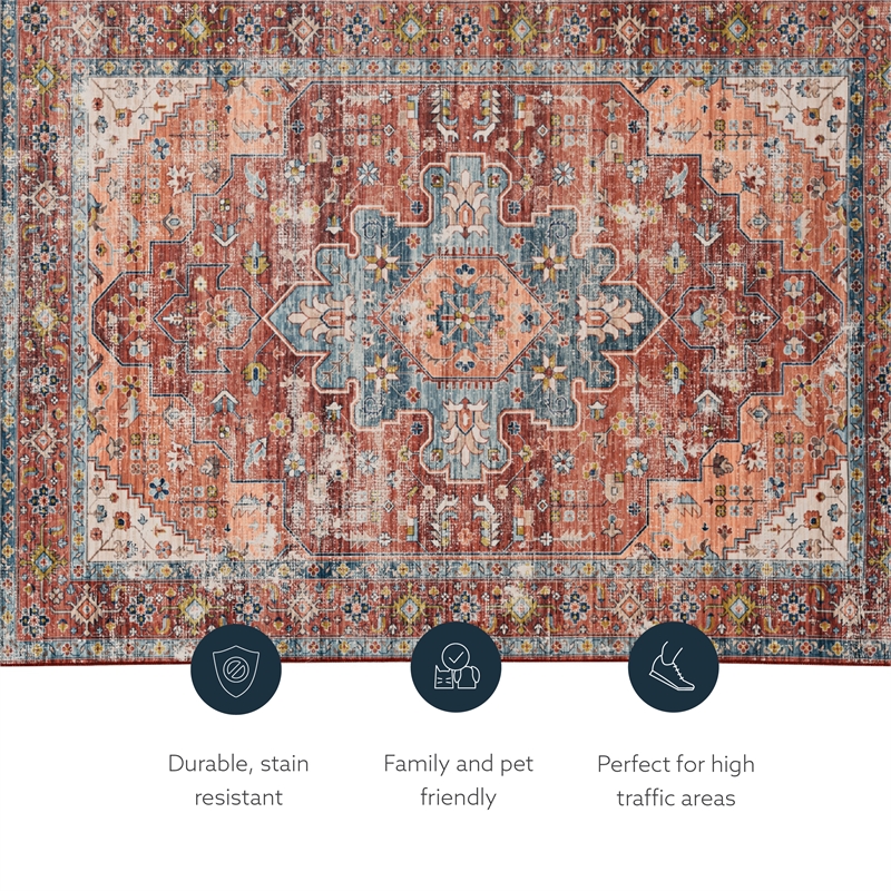 Linon Washable Cason Polyester 3'x5' Rug in Rust Orange