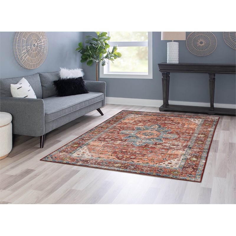Linon Washable Cason Polyester 5'x7' Rug in Rust Orange