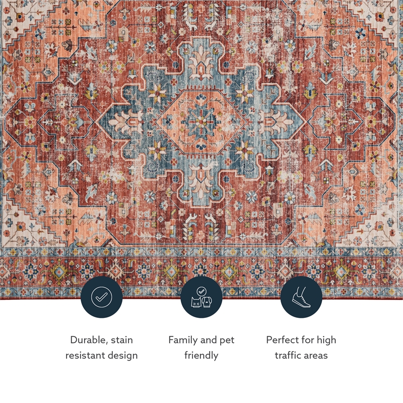 Linon Washable Cason Polyester 5'x7' Rug in Rust Orange