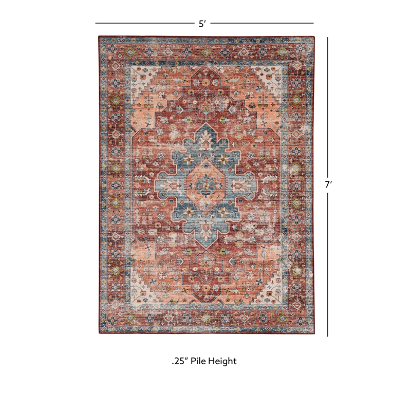 Linon Washable Cason Polyester 5'x7' Rug in Rust Orange