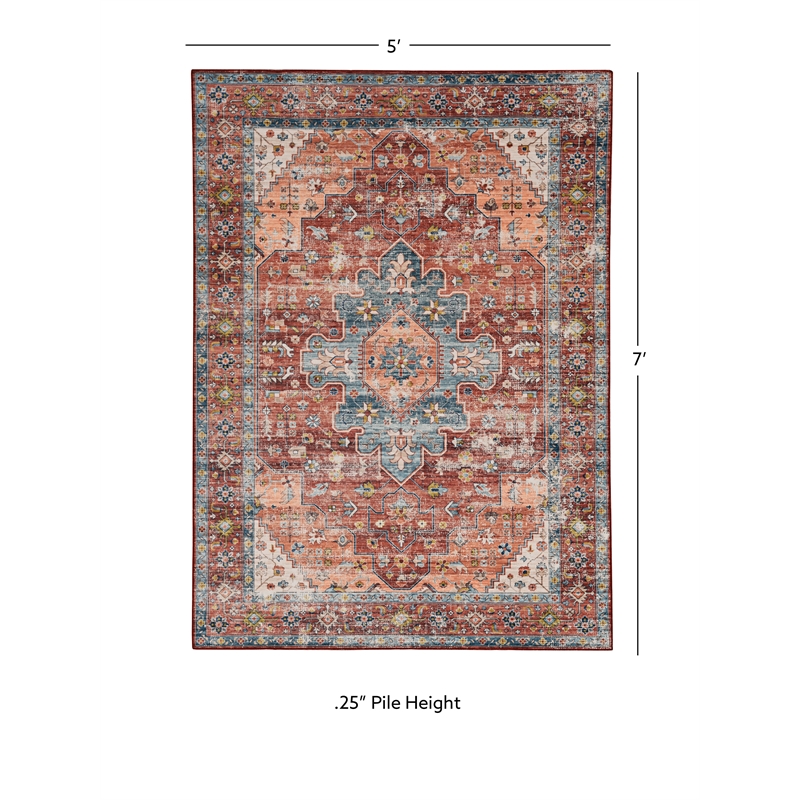 Linon Washable Cason Polyester 5'x7' Rug in Rust Orange