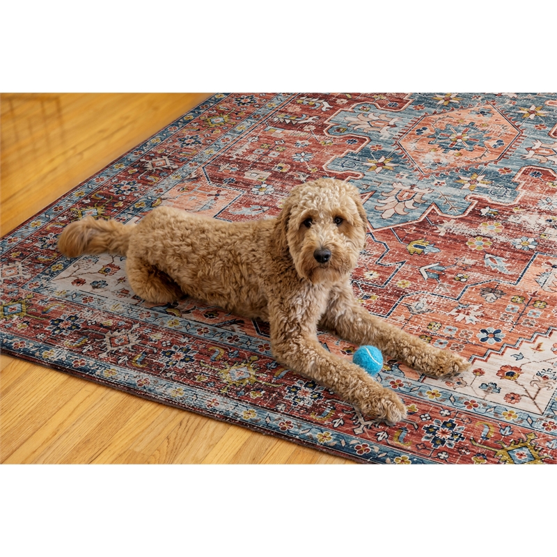 Linon Washable Cason Polyester 5'x7' Rug in Rust Orange