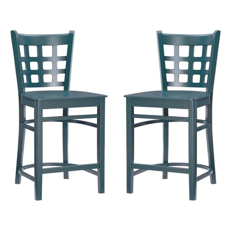 Linon Flint Commercial Grade Set of 2 Lattice Back Counter Stools in Green Wood