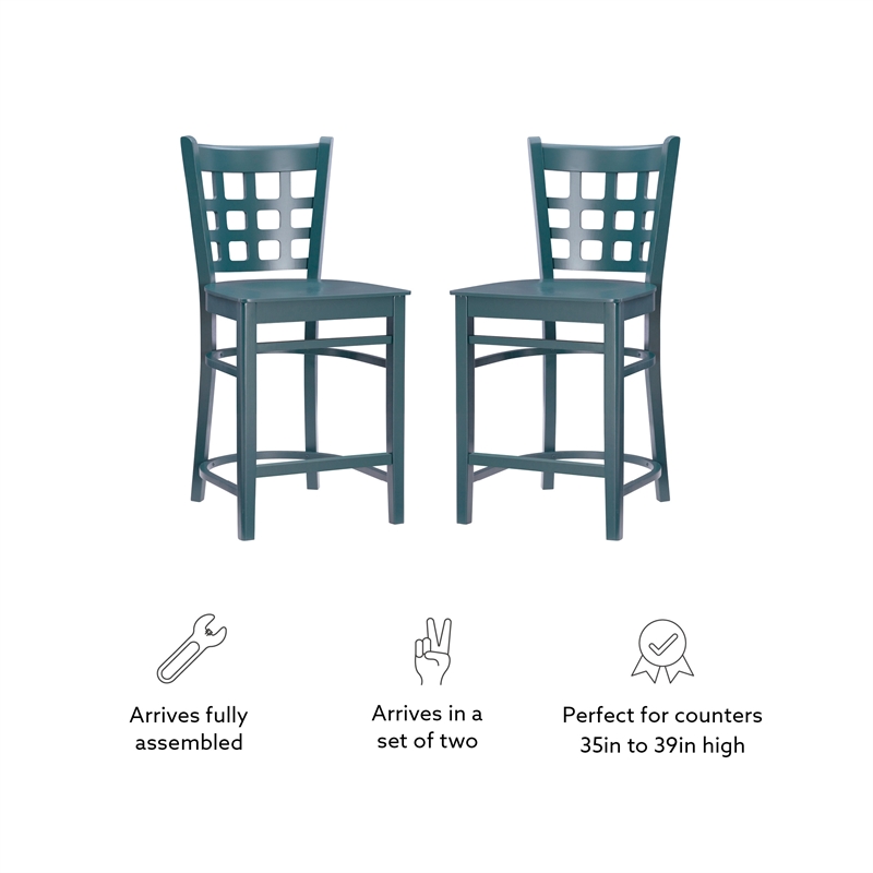 Linon Flint Commercial Grade Set of 2 Lattice Back Counter Stools in Green Wood
